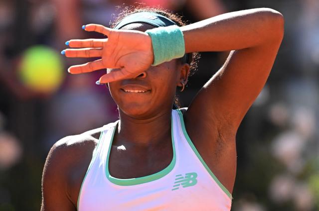 USA's Coco Gauff celebrates after winning against Romania's Sorana Cirstea during the ATP Rome Open tennis tournament at Foro Italico in Rome on May 14, 2026. (Photo by Tiziana FABI / AFP)