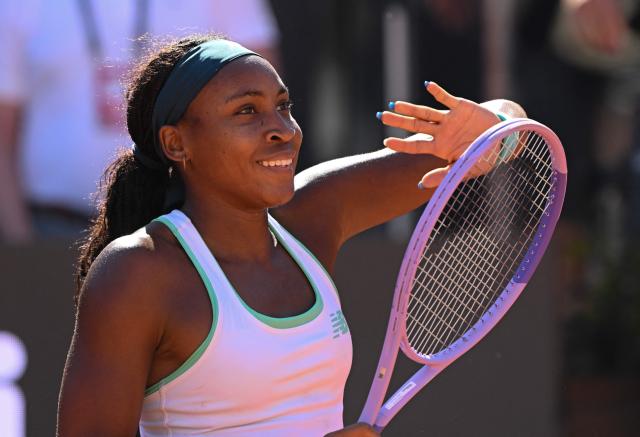USA's Coco Gauff celebrates after winning against Romania's Sorana Cirstea during the ATP Rome Open tennis tournament at Foro Italico in Rome on May 14, 2026. (Photo by Tiziana FABI / AFP)