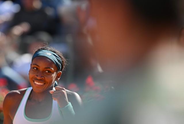USA's Coco Gauff celebrates after winning against Romania's Sorana Cirstea during the ATP Rome Open tennis tournament at Foro Italico in Rome on May 14, 2026. (Photo by Tiziana FABI / AFP)