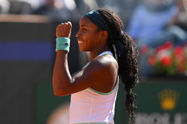 USA's Coco Gauff celebrates after winning against Romania's Sorana Cirstea during the ATP Rome Open tennis tournament at Foro Italico in Rome on May 14, 2026. (Photo by Tiziana FABI / AFP)
