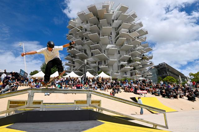 A skateboarder performs during a training session at the FISE (Extreme Sports International Festival) in Montpellier, southern of France, on May 14, 2026. (Photo by Sylvain THOMAS / AFP)