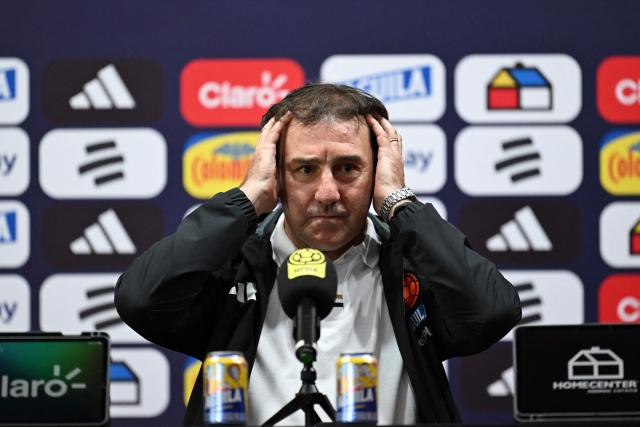 Colombia's head coach Nestor Lorenzo gestures during a press conference ahead of the 2026 World Cup, in Bogota, on May 14, 2026. (Photo by Raul ARBOLEDA / AFP)
