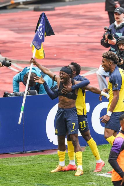 Royale Union Saint-Gilloise's Ghanaian forward Mohammed Fuseini (C) celebrates after scoring a goal during the Belgian "Croky Cup" football final match between Royale Union Saint-Gilloise and RSC Anderlecht in Brussels on May 14, 2026. (Photo by BRUNO FAHY / BELGA / AFP) / Belgium OUT