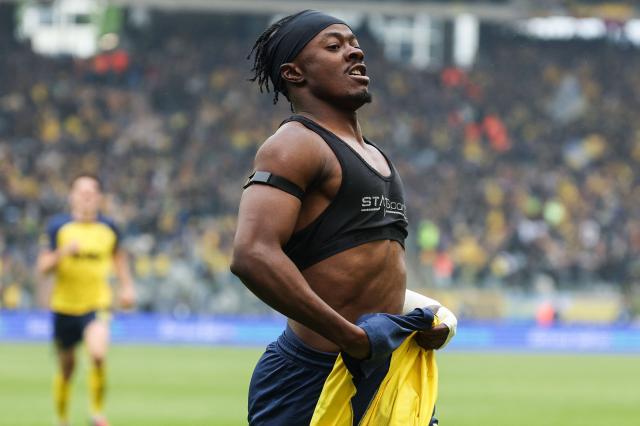 Royale Union Saint-Gilloise's Ghanaian forward Mohammed Fuseini celebrates after scoring a goal during the Belgian "Croky Cup" football final match between Royale Union Saint-Gilloise and RSC Anderlecht in Brussels on May 14, 2026. (Photo by VIRGINIE LEFOUR / BELGA / AFP) / Belgium OUT