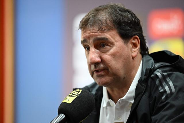 Colombia's head coach Nestor Lorenzo speaks during a press conference ahead of the 2026 World Cup, in Bogota, on May 14, 2026. (Photo by Raul ARBOLEDA / AFP)