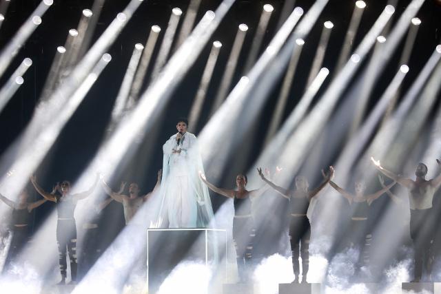 Austrian singer Johannes Pietsch aka JJ, winner of the 2025 Eurovision Song Contest (ESC), performs during a dress rehearsal for the second semi-final of the Eurovision Song Contest 2026 (ESC) in Vienna, Austria on May 14, 2026. (Photo by Radek MICA / AFP)