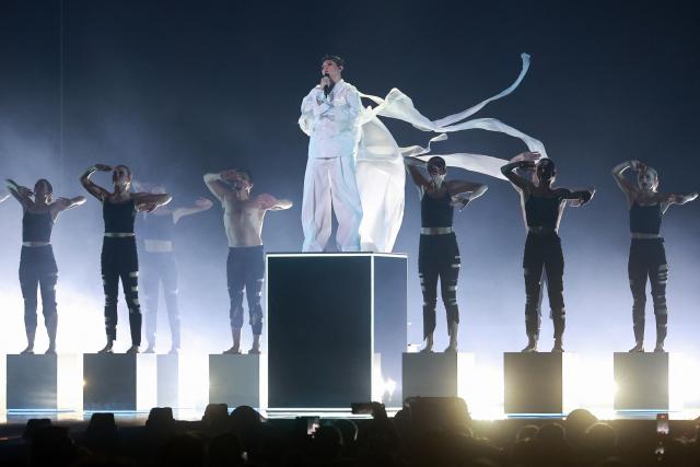 Austrian singer Johannes Pietsch aka JJ, winner of the 2025 Eurovision Song Contest (ESC), performs during a dress rehearsal for the second semi-final of the Eurovision Song Contest 2026 (ESC) in Vienna, Austria on May 14, 2026. (Photo by Radek MICA / AFP)
