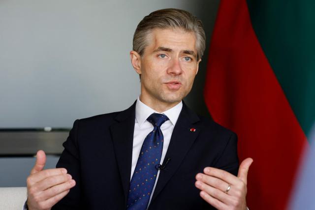 Lithuanian Foreign Minister Kestutis Budrys speaks during an interview with AFP in Vilnius, Lithuania on May 14, 2026. Budrys criticised European countries who do not spend enough to support Ukraine and strengthen NATO, in an interview for AFP in Vilnius on May 14. (Photo by Petras Malukas / AFP)
