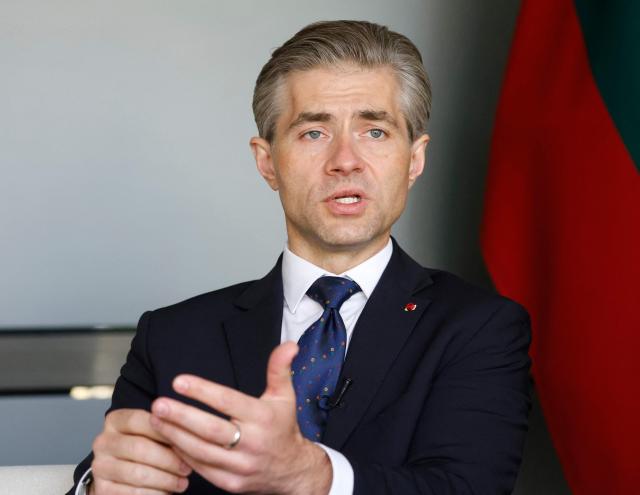 Lithuanian Foreign Minister Kestutis Budrys speaks during an interview with AFP in Vilnius, Lithuania on May 14, 2026. Budrys criticised European countries who do not spend enough to support Ukraine and strengthen NATO, in an interview for AFP in Vilnius on May 14. (Photo by Petras Malukas / AFP)