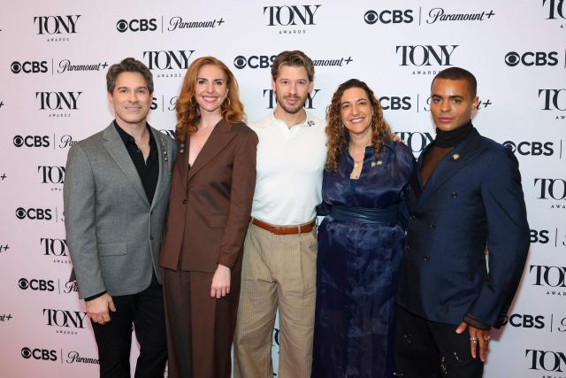 (L/R) US producer Tye Blue, US actress Marla Mindelle, US actor Constantine Rousouli, producer Eva Price and English actor Layton Williams arrive for the 79th Annual Tony Awards "Meet the Nominees" event in New York City on May 14, 2026. (Photo by ANGELA WEISS / AFP)