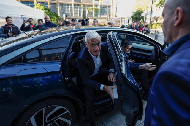 Didier Deschamps arrives ahead of unveiling France’s 26-man squad for the 2026 FIFA World Cup 2026 in the evening news broadcast on TF1 in Boulogne-Billancourt, outside Paris, on May 14, 2026. (Photo by SIMON WOHLFAHRT / AFP)