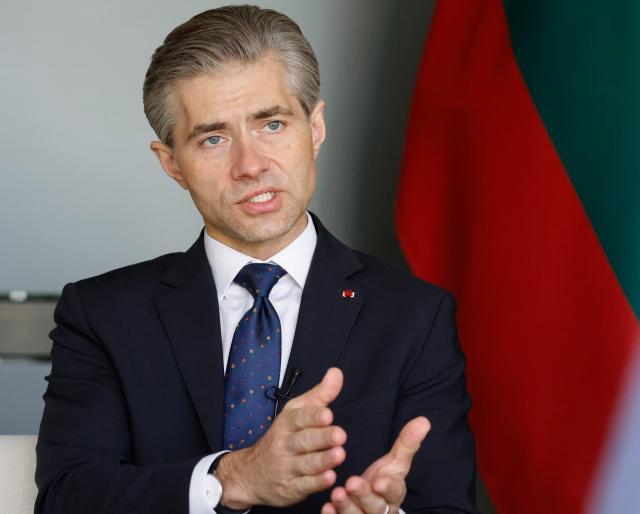 Lithuanian Foreign Minister Kestutis Budrys speaks during an interview with AFP in Vilnius, Lithuania on May 14, 2026. Budrys criticised European countries who do not spend enough to support Ukraine and strengthen NATO, in an interview for AFP in Vilnius on May 14. (Photo by Petras Malukas / AFP)