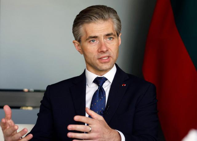 Lithuanian Foreign Minister Kestutis Budrys speaks during an interview with AFP in Vilnius, Lithuania on May 14, 2026. Budrys criticised European countries who do not spend enough to support Ukraine and strengthen NATO, in an interview for AFP in Vilnius on May 14. (Photo by Petras Malukas / AFP)