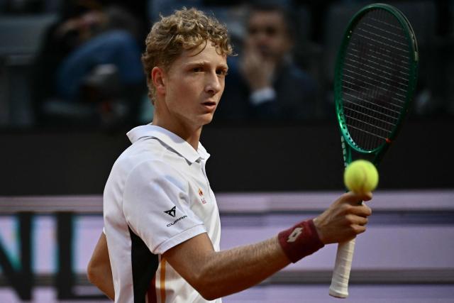 Spain's Martin Landaluce celebrates a point against Russia's Daniil Medvedev during the ATP Rome Open tennis tournament at Foro Italico in Rome on May 14, 2026. (Photo by Filippo MONTEFORTE / AFP)