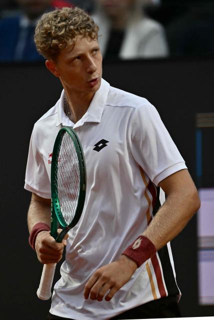 Spain's Martin Landaluce celebrates a point against Russia's Daniil Medvedev during the ATP Rome Open tennis tournament at Foro Italico in Rome on May 14, 2026. (Photo by Filippo MONTEFORTE / AFP)