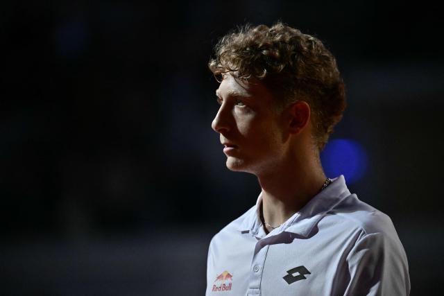 Spain's Martin Landaluce looks on during his match against Russia's Daniil Medvedev during the ATP Rome Open tennis tournament at Foro Italico in Rome on May 14, 2026. (Photo by Filippo MONTEFORTE / AFP)
