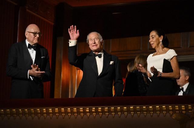 Britain's King Charles III, flanked by Royal Ballet and Opera chair, Lloyd Dorfman, attends a special performance of 'Spring Gala: Stories from The Royal Ballet and The Royal Opera' at the Royal Opera House in London on May 14, 2026. (Photo by Jeff Spicer / POOL / AFP)