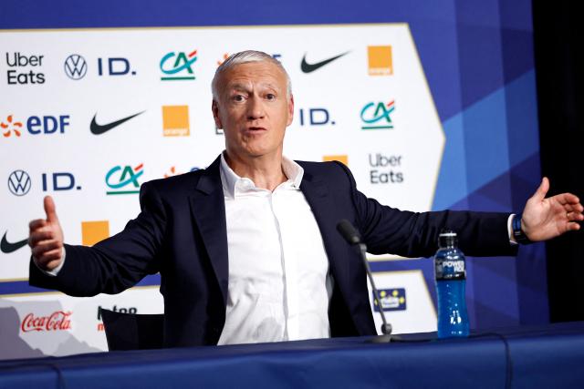 France's football team head-coach Didier Deschamps gestures as he addresses the media during a press conference after unveiling his 26-man squad for the World Cup 2026 football tournament in Boulogne-Billancourt, outside Paris on May 14, 2026. (Photo by SIMON WOHLFAHRT / AFP)