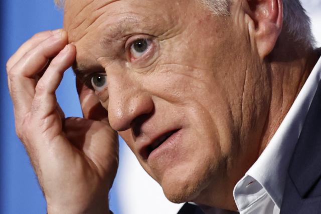 France's football team head-coach Didier Deschamps reacts as he addresses the media during a press conference after unveiling his 26-man squad for the World Cup 2026 football tournament in Boulogne-Billancourt, outside Paris on May 14, 2026. (Photo by SIMON WOHLFAHRT / AFP)