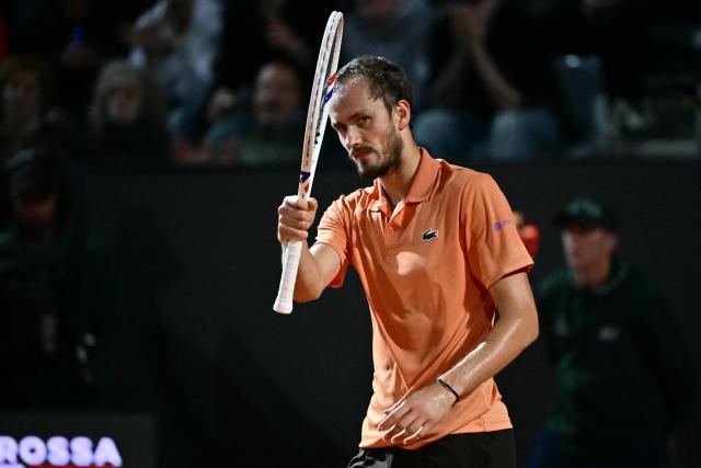 Russia's Daniil Medvedev celebrates after winning his match against Spain's Martin Landaluce during the ATP Rome Open tennis tournament at Foro Italico in Rome on May 14, 2026. (Photo by Filippo MONTEFORTE / AFP)