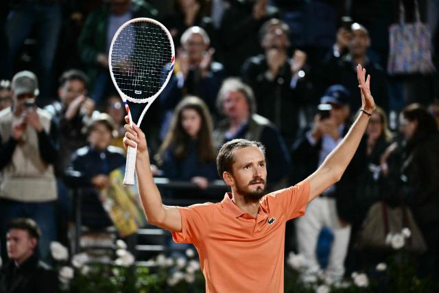 Russia's Daniil Medvedev celebrates after winning his match against Spain's Martin Landaluce during the ATP Rome Open tennis tournament at Foro Italico in Rome on May 14, 2026. (Photo by Filippo MONTEFORTE / AFP)