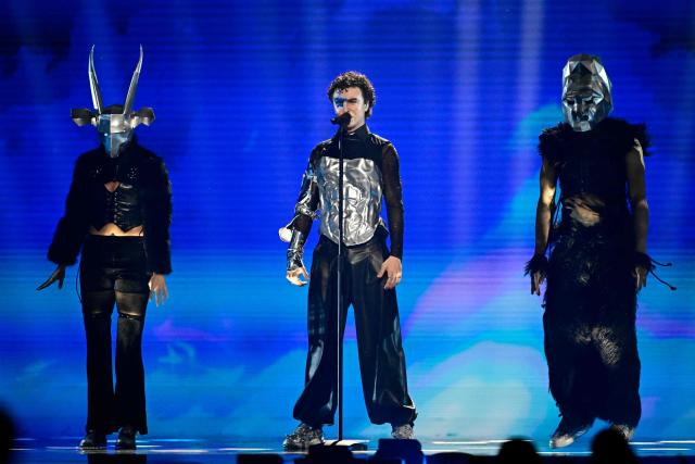 Austrian singer Benjamin Gedeon, aka Cosmo and representing Austria with the song 'Tanzschein', performs during the second semi-final of the Eurovision Song Contest 2026 (ESC) at Wiener Stadthalle in Vienna, Austria on May 14, 2026. (Photo by Tobias SCHWARZ / AFP)