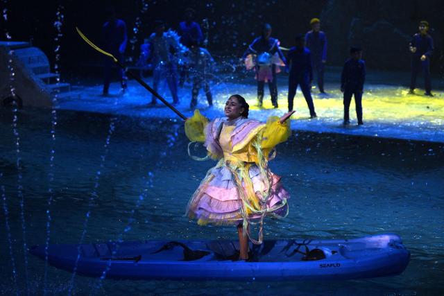 Kuwaiti artists perform during the 'Waterland' show at the Kuwait Sports Club Aquatic Complex in Kaifan, Kuwait City on May 14, 2026. Waterland is a youth-focused musical entertainment production presented in a water-based environment. (Photo by YASSER AL-ZAYYAT / AFP)