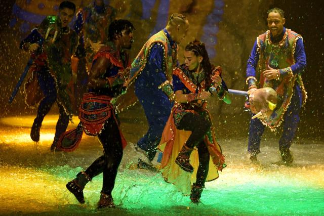 Kuwaiti artists perform during the 'Waterland' show at the Kuwait Sports Club Aquatic Complex in Kaifan, Kuwait City on May 14, 2026. Waterland is a youth-focused musical entertainment production presented in a water-based environment. (Photo by YASSER AL-ZAYYAT / AFP)