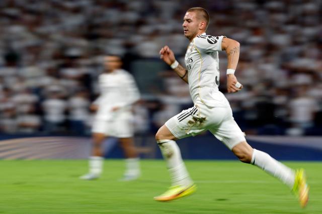 Real Madrid's Argentinian midfielder #30 Franco Mastuantono runs during the Spanish league football match between Real Madrid CF and Real Oviedo at Santiago Bernabeu Stadium in Madrid on May 14, 2026. (Photo by Oscar DEL POZO / AFP)