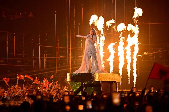 Australian singer Delta Goodrem, representing Australia with the song 'Eclipse', reacts after her performance during the second semi-final of the Eurovision Song Contest 2026 (ESC) at Wiener Stadthalle in Vienna, Austria on May 14, 2026. (Photo by Tobias SCHWARZ / AFP)