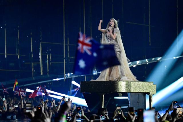 Australian singer Delta Goodrem, representing Australia with the song 'Eclipse', reacts after her performance during the second semi-final of the Eurovision Song Contest 2026 (ESC) at Wiener Stadthalle in Vienna, Austria on May 14, 2026. (Photo by Tobias SCHWARZ / AFP)