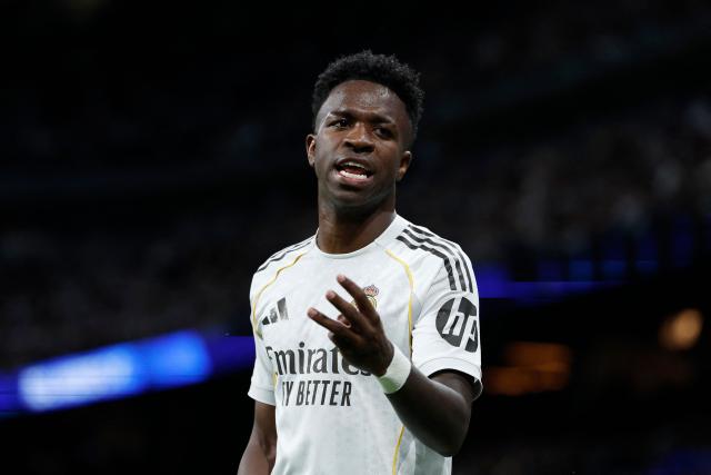 CORRECTION / Real Madrid's Brazilian forward #07 Vinicius Junior gestures during the Spanish league football match between Real Madrid CF and Real Oviedo at Santiago Bernabeu Stadium in Madrid on May 14, 2026. (Photo by Oscar DEL POZO / AFP) / “The erroneous mention[s] appearing in the metadata of this photo by Oscar DEL POZO has been modified in AFP systems in the following manner: [Real Madrid's Brazilian forward #07 Vinicius Junior] instead of [Real Madrid's French forward #10 Kylian Mbappe]. Please immediately remove the erroneous mention[s] from all your online services and delete it (them) from your servers. If you have been authorized by AFP to distribute it (them) to third parties, please ensure that the same actions are carried out by them. Failure to promptly comply with these instructions will entail liability on your part for any continued or post notification usage. Therefore we thank you very much for all your attention and prompt action. We are sorry for the inconvenience this notification may cause and remain at your disposal for any further information you may require.”
