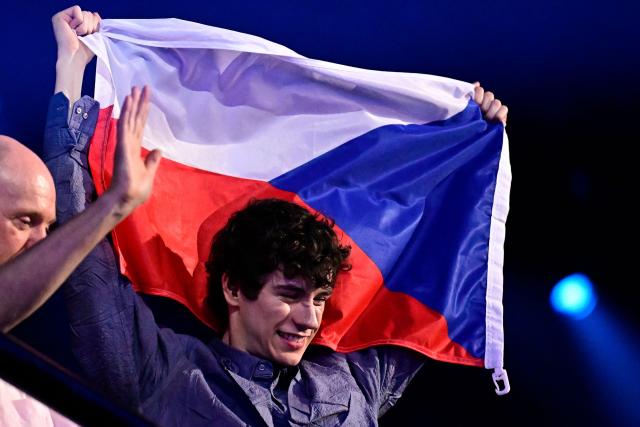 Czech Republic's Daniel Zizka celebrates after having been voted into the final after his performance in the second semi-final of the Eurovision Song Contest 2026 (ESC) at Wiener Stadthalle in Vienna, Austria on May 14, 2026. (Photo by Tobias SCHWARZ / AFP)