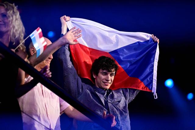 Daniel Czech Republic's Daniel Zizka celebrates after having been voted into the final after his performance in the second semi-final of the Eurovision Song Contest 2026 (ESC) at Wiener Stadthalle in Vienna, Austria on May 14, 2026. (Photo by Tobias SCHWARZ / AFP)