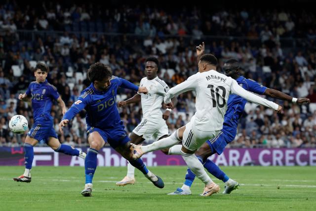 Real Madrid's French forward #10 Kylian Mbappe attempts to score during the Spanish league football match between Real Madrid CF and Real Oviedo at Santiago Bernabeu Stadium in Madrid on May 14, 2026. (Photo by Oscar DEL POZO / AFP)