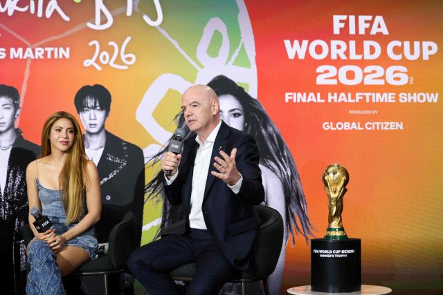 Colombian singer Shakira listens to FIFA President Gianni Infantino speak on stage for the 2026 World Cup halftime show announcement during the Global Citizen and FIFA World Cup panel at the Global Citizen NOW event in New York City on May 14, 2026. (Photo by CHARLY TRIBALLEAU / AFP)