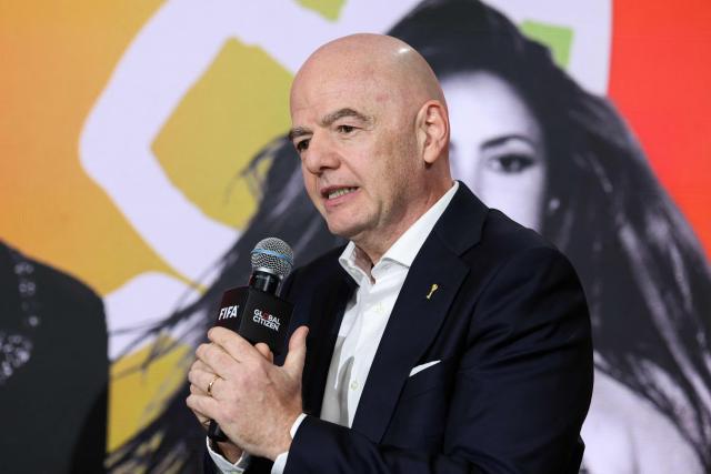 FIFA President Gianni Infantino speaks on stage for the 2026 World Cup halftime show announcement during the Global Citizen and FIFA World Cup panel at the Global Citizen NOW event in New York City on May 14, 2026. (Photo by CHARLY TRIBALLEAU / AFP)