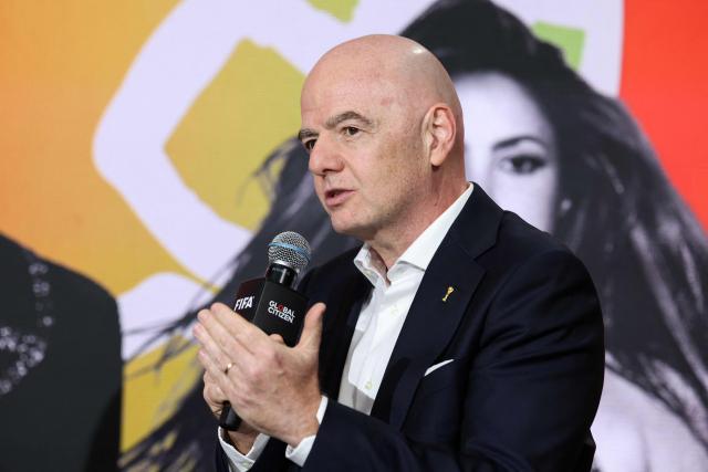 FIFA President Gianni Infantino speaks on stage for the 2026 World Cup halftime show announcement during the Global Citizen and FIFA World Cup panel at the Global Citizen NOW event in New York City on May 14, 2026. (Photo by CHARLY TRIBALLEAU / AFP)