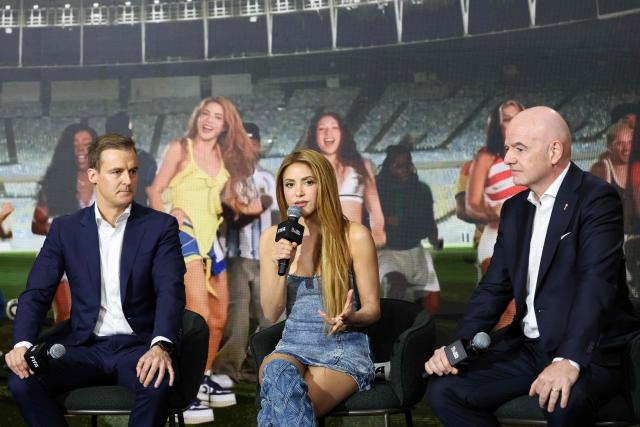 Colombian singer Shakira (C) speaks alongside (L-R) Global Citizen CEO Hugh Evans and FIFA President Gianni Infantino at the 2026 World Cup halftime show announcement during the Global Citizen and FIFA World Cup panel at the Global Citizen NOW event in New York City on May 14, 2026. (Photo by CHARLY TRIBALLEAU / AFP)
