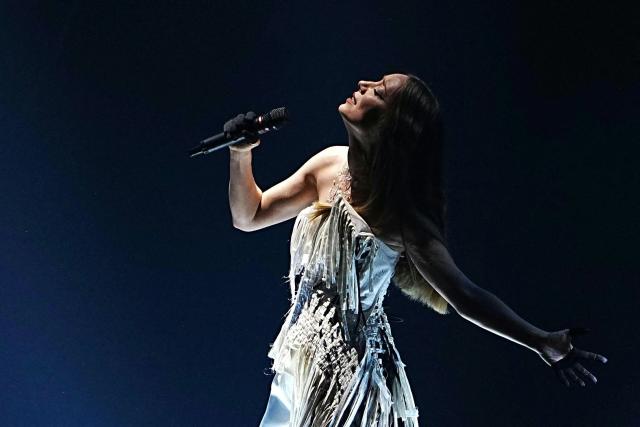 Ukrainian singer Victoria Leleka, aka Leleka and representing Ukraine with the song 'Ridnym', performs during the second semi-final of the Eurovision Song Contest 2026 (ESC) at Wiener Stadthalle in Vienna, Austria on May 14, 2026. (Photo by GEORG HOCHMUTH / APA / AFP) / Austria OUT
