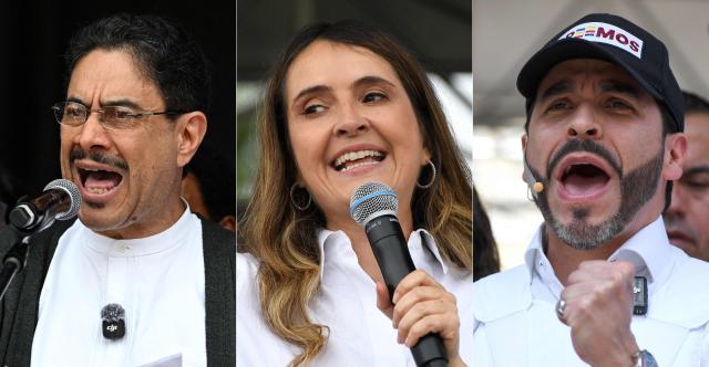 (COMBO) This combination of pictures created on May 14, 2026, shows Colombia's presidential candidate from the ruling party Pacto Historico, Ivan Cepeda, delivering a speech during a May Day rally marking International Workers Day in Bogota on May 1, 2026; Colombia's presidential candidate Paloma Valencia, of the Centro Democratico party, speaking during a campaign rally in Rionegro, Antioquia department, Colombia on April 13, 2026; and Colombian presidential candidate for the Defensores de la Patria political movement, Abelardo de la Espriella, gesturing during a campaign rally in Medellin, Colombia on January 28, 2026. Colombia will hold presidential elections on May 31. (Photo by Raul ARBOLEDA and Jaime SALDARRIAGA / AFP)