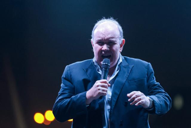 Peru's presidential candidate for the Renovacion Popular party, Rafael Lopez Aliaga, delivers a speech during a rally to protest alleged irregularities in the recent elections in Lima on May 14, 2026. (Photo by Connie FRANCE / AFP)