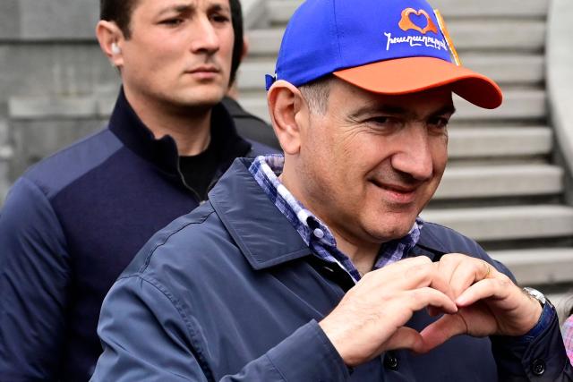 Armenian Prime Minister Nikol Pashinyan meets with people in the town of Gyumri on April 19, 2026. (Photo by KAREN MINASYAN / AFP)