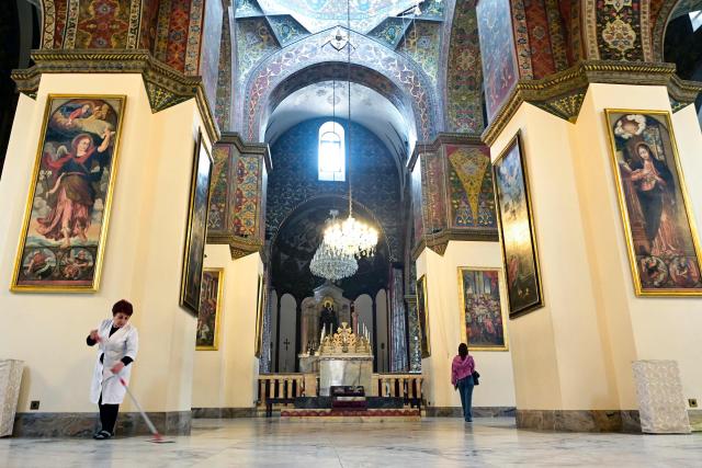 An interior view of the Etchmiadzin Cathedral in Echmiadzin, Armenia's ancient spiritual centre and the seat of the leader of the Armenian Apostolic Church, outside Yerevan, on April 18, 2026. (Photo by KAREN MINASYAN / AFP)