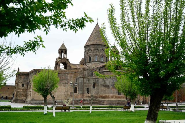A view of the Etchmiadzin Cathedral in Echmiadzin, Armenia's ancient spiritual centre and the seat of the leader of the Armenian Apostolic Church, outside Yerevan, on April 18, 2026. (Photo by KAREN MINASYAN / AFP)