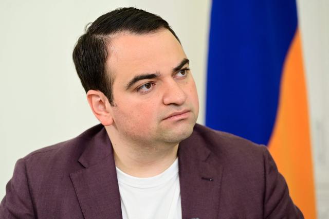 Narek Karapetyan, nephew of arrested Armenian billionaire opposition leader Samvel Karapetyan, talks to AFP reporters in Yerevan on April 22, 2026. (Photo by KAREN MINASYAN / AFP)