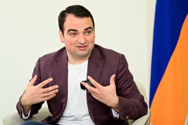 Narek Karapetyan, nephew of arrested Armenian billionaire opposition leader Samvel Karapetyan, talks to AFP reporters in Yerevan on April 22, 2026. (Photo by KAREN MINASYAN / AFP)