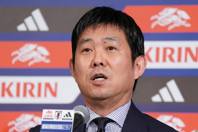 Japan's national football team head coach Hajime Moriyasu speaks during a press conference to officially announce the members of Japan's 2026 World Cup squad at a hotel in Tokyo on May 15, 2026. (Photo by Kazuhiro NOGI / AFP)