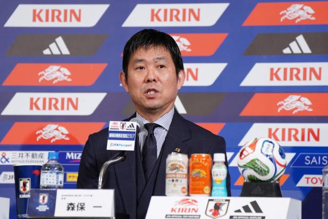 Japan's national football team head coach Hajime Moriyasu answers questions during a press conference to officially announce the members of Japan's 2026 World Cup squad at a hotel in Tokyo on May 15, 2026. (Photo by Kazuhiro NOGI / AFP)