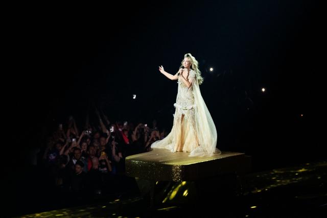 Australian singer Delta Goodrem, representing Australia with the song 'Eclipse', performs during the second semi-final of the Eurovision Song Contest 2026 (ESC) at Wiener Stadthalle in Vienna, Austria on May 14, 2026. (Photo by GEORG HOCHMUTH / APA / AFP) / Austria OUT